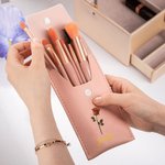 Personalized Gold-Edged Birth Flower PU Leather Makeup Brush Bag Set with Name and 8 Pcs Makeup Brushes Birthday Gift for Women Girls