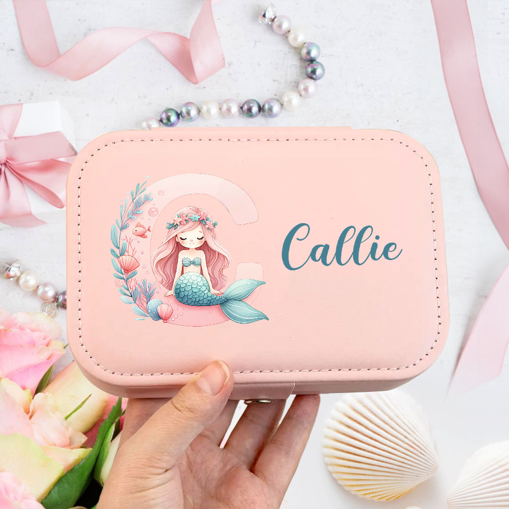 Boîte à Bijoux en Cuir PU Personnalisée avec Nom et Motif de Sirène Accessoire de Deux Couches Portable Cadeau Anniversaire pour Femme Fille