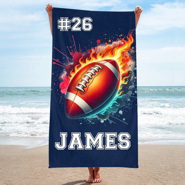 Personalised Flame Basketball Baseball Oversized Quick Dry Beach Towel with Name and Number Birthday Beach Accessories Gift for Sport Lovers