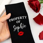 Personalized Pure Cotton Soft Breathable Red Lip Print Property Of Name Mid-Calf Socks Valentine's Day Anniversary Gift for Husband Boyfriend