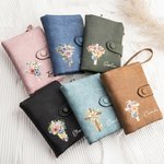 Personalized Watercolor Cross Birth Flower Name PU Leather Wallet with Card Slots and Wrist Strap Easter Religious Birthday Gift for Women Christian