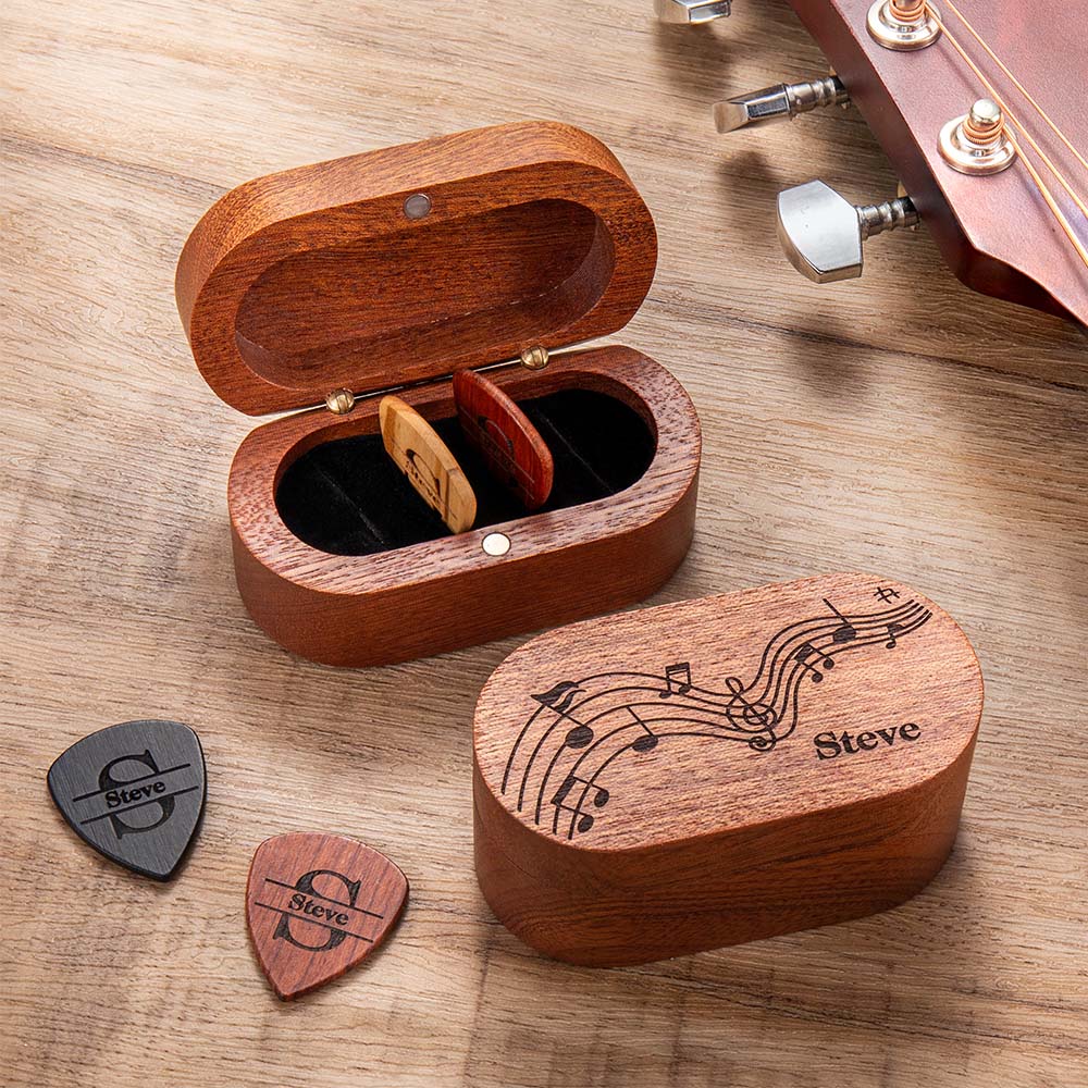 Coffret de rangement de pics de guitare magnétiques en bois avec nom ou monogramme gravé Cadeau d'anniversaire pour musicien Guitariste