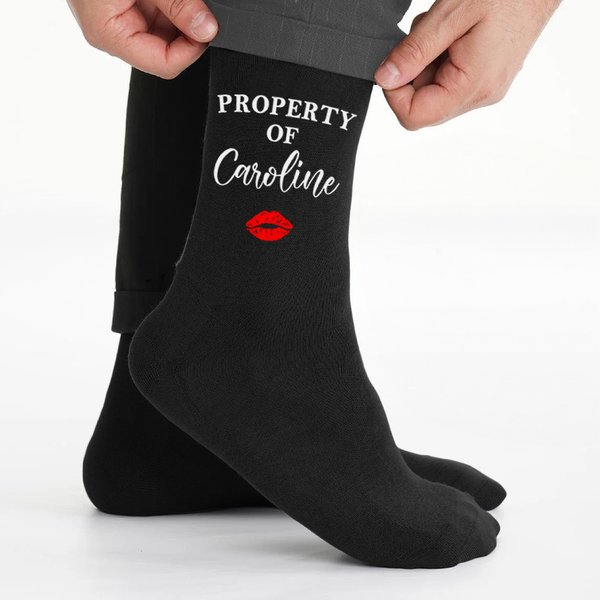 Personalized Pure Cotton Soft Breathable Red Lip Print Property Of Name Mid-Calf Socks Valentine's Day Anniversary Gift for Husband Boyfriend