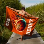 Personalised Flame Basketball Baseball Oversized Quick Dry Beach Towel with Name and Number Birthday Beach Accessories Gift for Sport Lovers