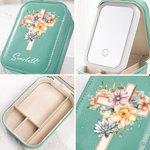 Personalisierte 1-5 Geburt Blumen Kreuz Leder Schmuckkästchen mit LED Dreifarben Make-up Spiegel Reise Wesentliche Geburtstag Ostern Geschenk für Frauen Christian