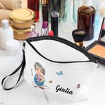 Borsa trucco in lino con cartone animato personalizzato con nome bouquet di fiori nascita portatile regalo di compleanno per la festa della mamma