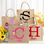 Personalized Graduation Cartoon Character Large Jute Tote Bag with Initial and Name Graduation Party Favor Birthday Gift for Women