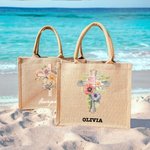 Personalised Watercolor 1-5 Birth Flowers Cross Large Bible Carrying Jute Tote Bag with Name Mother's Day Religious Easter Gift for Women Christian