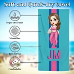 Toalla de playa personalizada con dibujos animados de niña con monograma a rayas de gran tamaño y secado rápido Accesorios de vacaciones para cumpleaños Regalo para amantes del deporte
