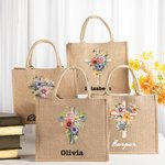 Personalised Watercolor 1-5 Birth Flowers Cross Large Bible Carrying Jute Tote Bag with Name Mother's Day Religious Easter Gift for Women Christian