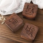 Personalized Engraved Floral Initials Walnut Ring Box with Text Valentine's Day Engagement Wedding Gift for Couple