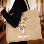 Personalised Watercolor 1-5 Birth Flowers Cross Large Bible Carrying Jute Tote Bag with Name Mother's Day Religious Easter Gift for Women Christian