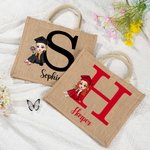 Personalized Graduation Cartoon Character Large Jute Tote Bag with Initial and Name Graduation Party Favor Birthday Gift for Women