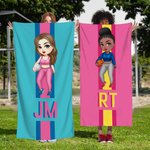 Toalla de playa personalizada con dibujos animados de niña con monograma a rayas de gran tamaño y secado rápido Accesorios de vacaciones para cumpleaños Regalo para amantes del deporte