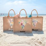 Personalised Watercolor 1-5 Birth Flowers Cross Large Bible Carrying Jute Tote Bag with Name Mother's Day Religious Easter Gift for Women Christian