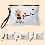 Borsa per trucco in lino con braccialetto disegno cartone animato ragazza di moda personalizzato con nome regalo per feste o compleanno per le donne