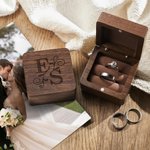 Personalized Engraved Floral Initials Walnut Ring Box with Text Valentine's Day Engagement Wedding Gift for Couple