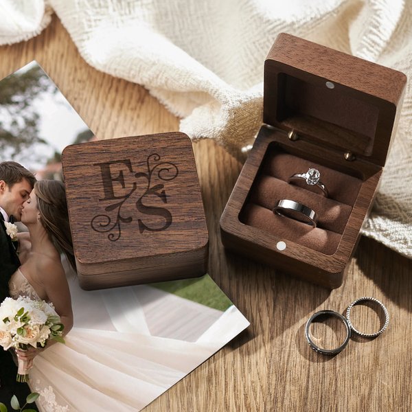 Personalized Engraved Floral Initials Walnut Ring Box with Text Valentine's Day Engagement Wedding Gift for Couple