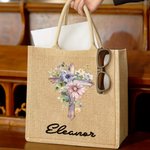Personalised Watercolor 1-5 Birth Flowers Cross Large Bible Carrying Jute Tote Bag with Name Mother's Day Religious Easter Gift for Women Christian
