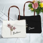 Borsa tote in tela per shopping viaggi uso quotidiano personalizzato con fiore di nascita e nome regalo di compleanno per le donne