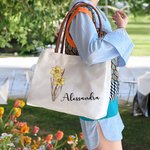 Borsa tote in tela per shopping viaggi uso quotidiano personalizzato con fiore di nascita e nome regalo di compleanno per le donne