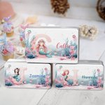 Personalized Cute Pink Fantasy Mermaid Girl Food-grade Metal Biscuit Tin Box with Initial and Name Birthday Back to School Gift for Girls