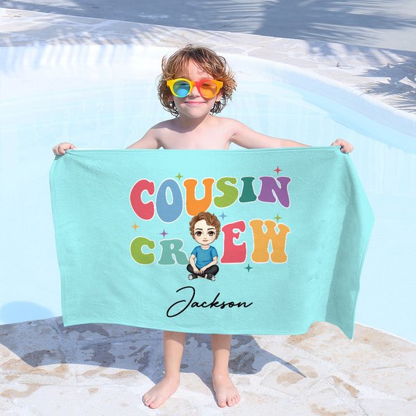 Personalised Cousin Crew Cartoon Kid Character Oversized Quick Dry Beach Towel with Name Birthday Beach Accessories Gift for Boys Girls