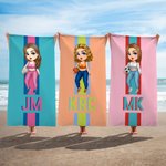Toalla de playa personalizada con dibujos animados de niña con monograma a rayas de gran tamaño y secado rápido Accesorios de vacaciones para cumpleaños Regalo para amantes del deporte