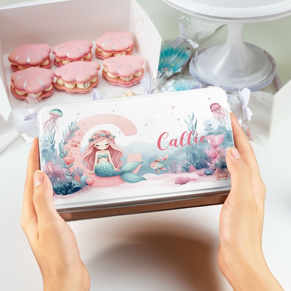 Personalised Cute Pink Fantasy Mermaid Girl Food-grade Metal Biscuit Tin Box with Initial and Name Birthday Back to School Gift for Girls