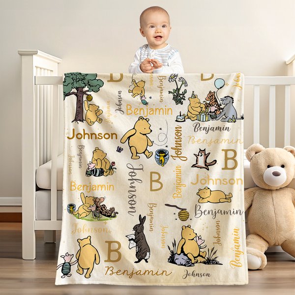 Personalized Classic Winnie the Pooh and Friends Soft Throw Blanket with Initial Name Nusery Decor Birthday Baby Shower Gift for Kids Newborns