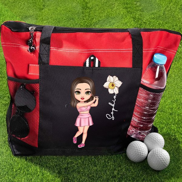Personalized Golf Cartoon Character Large Waterproof Tote Bag with Name and Birth Flower Travel Essentials Birthday Gift for Golf Lovers