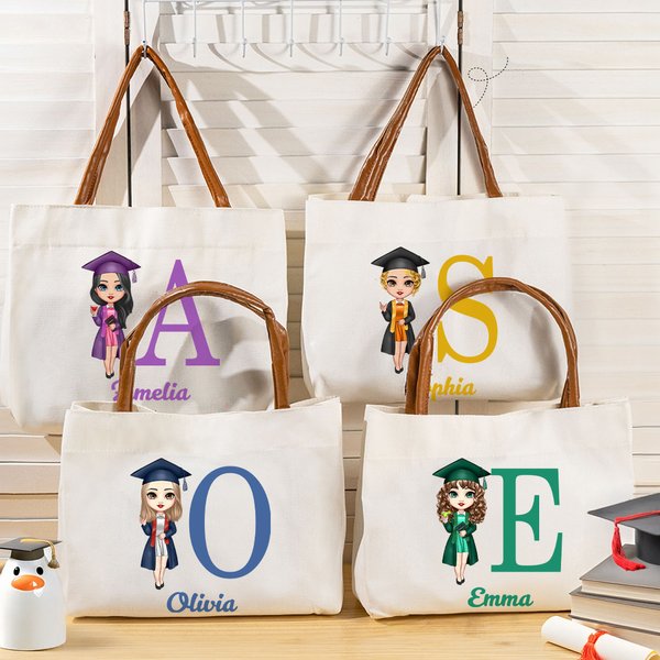 Personalized Graduation Cartoon Character Canvas Tote Bag with Initial Name and Leather Handle Graduation Birthday Gift for Women Girls