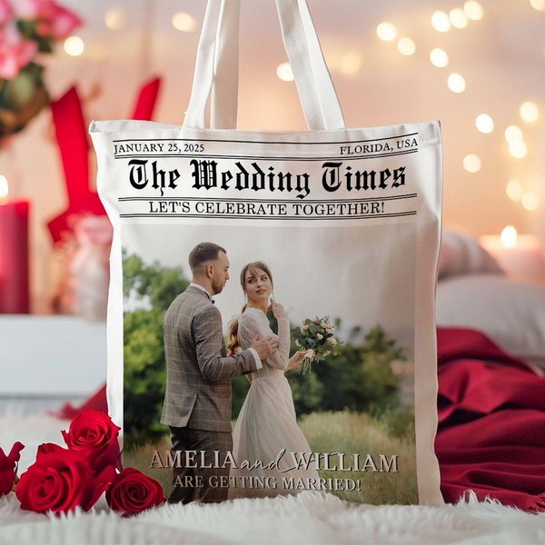 Personalized The Wedding Times Newspaper Photo Canvas Tote Bag with Name and Year Valentine's Day Anniversary Wedding Gift for Women