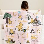 Personalized Classic Winnie the Pooh and Friends Soft Throw Blanket with Initial Name Nusery Decor Birthday Baby Shower Gift for Kids Newborns