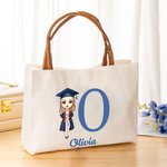 Personalized Graduation Cartoon Character Canvas Tote Bag with Initial Name and Leather Handle Graduation Birthday Gift for Women Girls