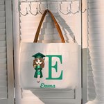 Personalized Graduation Cartoon Character Canvas Tote Bag with Initial Name and Leather Handle Graduation Birthday Gift for Women Girls