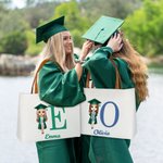 Personalized Graduation Cartoon Character Canvas Tote Bag with Initial Name and Leather Handle Graduation Birthday Gift for Women Girls