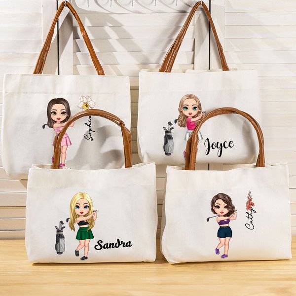 Personalized Cartoon Golf Player Birth Flower Canvas Tote Bag with Leather Handle and Name Birthday Travel Accessories Gift for Golf Enthusiast