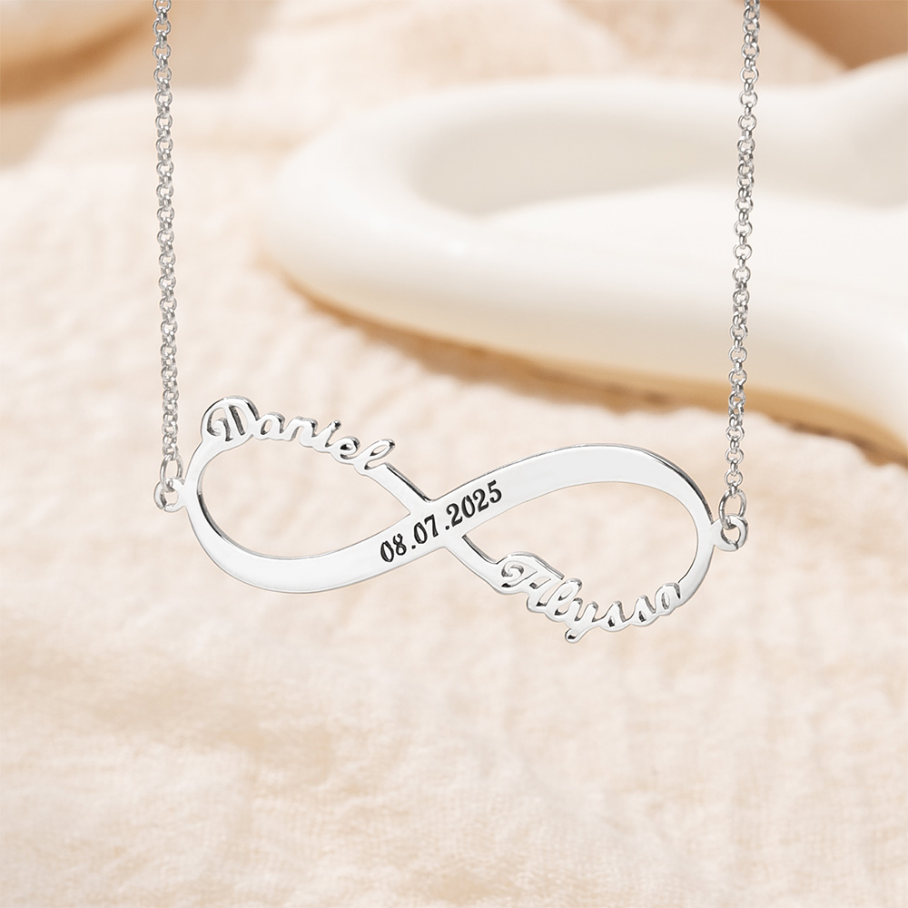 Collier Infini 2 Prénoms avec Date en Argent Sterling Personnalisé