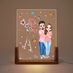 Nacimiento Personalizado Flor Caricatura Abrazo Pareja LED Luz de Noche con Base de Madera Decoración del Hogar Regalo de San Valentín para Pareja