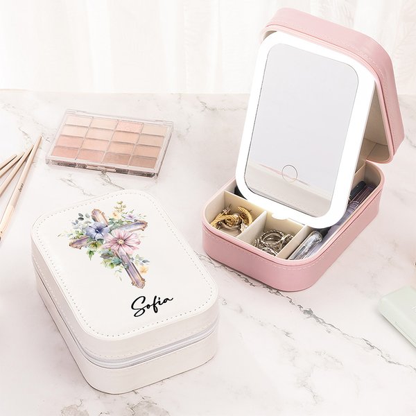 Personalized 1-5 Birth Flowers Cross Leather Jewelry Box with LED Three-color Makeup Mirror Travel Essential Birthday Easter Gift for Women Christian