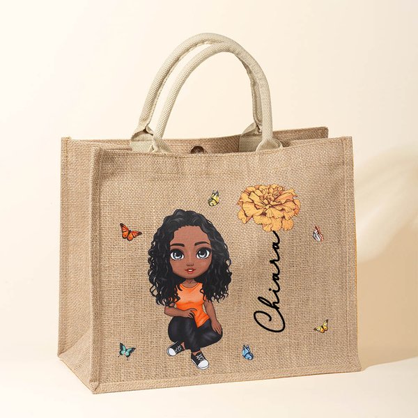 Borsa tote in juta personalizzata con personaggio in stile cartone animato e fiore di nascita regalo ideale di compleanno e feste per donne