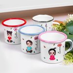 Tazza smaltata personalizzata con personaggio in stile cartone animato e fiore di nascita 350ml bordo colorato regalo per bambini