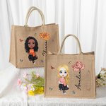 Borsa tote in juta personalizzata con personaggio in stile cartone animato e fiore di nascita regalo ideale di compleanno e feste per donne