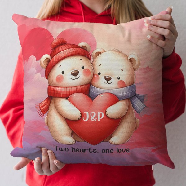 Personalized Cute Couple Bear Soft Throw Pillow Cover with Initial and Text Home Decor Valentine's Day Gift for Couple