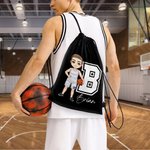 Personalised Basketball Cartoon Character Drawstring Backpack with Name and Initial Gym Workout Birthday Gift for Sports Travel Lovers