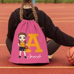 Personalised Basketball Cartoon Character Drawstring Backpack with Name and Initial Gym Workout Birthday Gift for Sports Travel Lovers