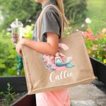 Personlig söt rosa fantasy sjöjungfru flicka stor kapacitet jute tote väska med initialer och namn resetillbehör födelsedagspresent för flickor
