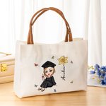 Personalised Birth Flower Bachelor Hat Cartoon Character Canvas Tote Bag with Leather Handle and Name Graduation Celebration Gift For Women Girls