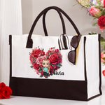 Personalisierte Cartoon-Charakter Blumenherz Canvas Tragetasche mit Namen und Griffen Reise Zubehör Valentinstag Geburtstag Geschenk für Damen